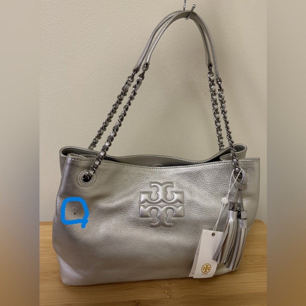 Tory Burch Thea Chain Shoulder Tote Bag Silver Leather, *New With Defects - Picture 13 of 16